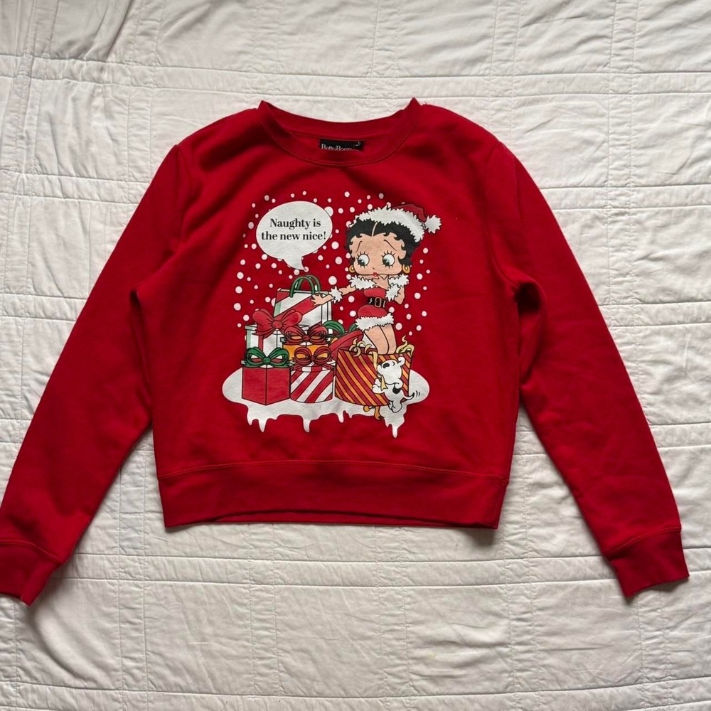 betty boop christmas cropped crewneck sweatshirt sz large red winter